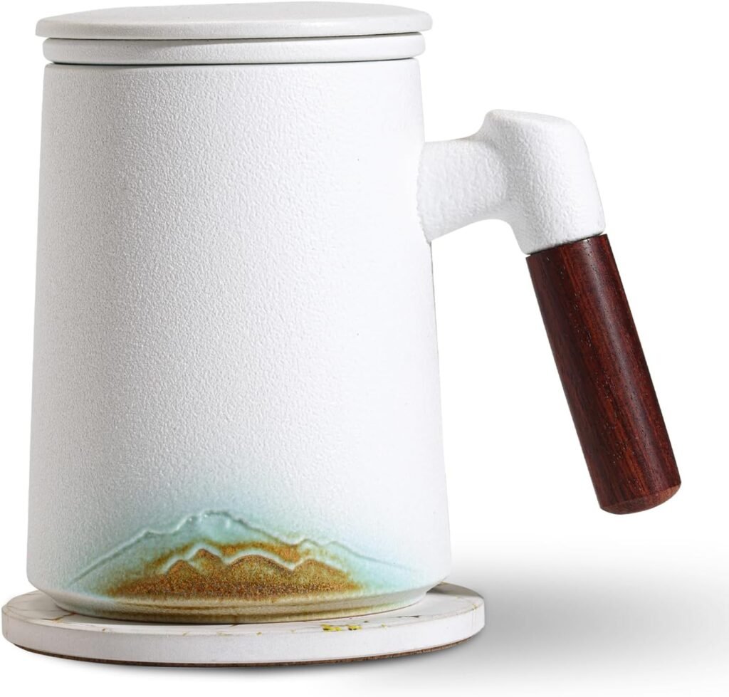 Tea Cup with Infuser and Lid, 15.2 Ounces Artistic Mountain Embossed Ceramic Tea Mug with Absorbent Coaster for Loose Leaf Tea, Ergonomic Bamboo Handle Tea Steeping Mug for Tea Lovers